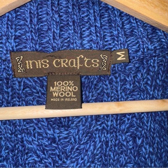 Inis Crafts Merino Wool Zip Up Cardigan Sweater Jacket M Cable Knit Blue Irish - Picture 2 of 3